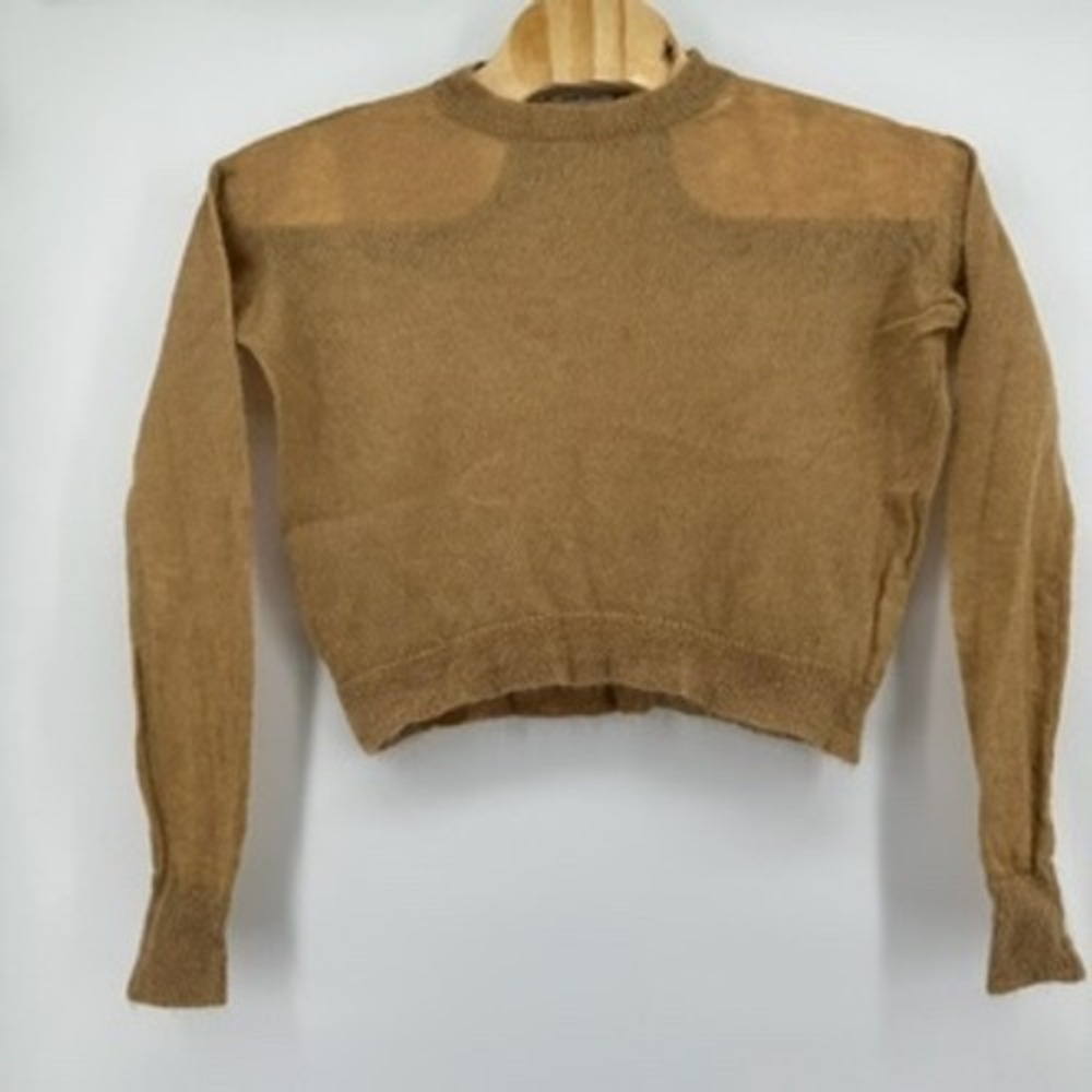 Paper Moon Seoul Wool Open Knit Top Brown Sheer Lightweight Sweater Long‎ Sleeve